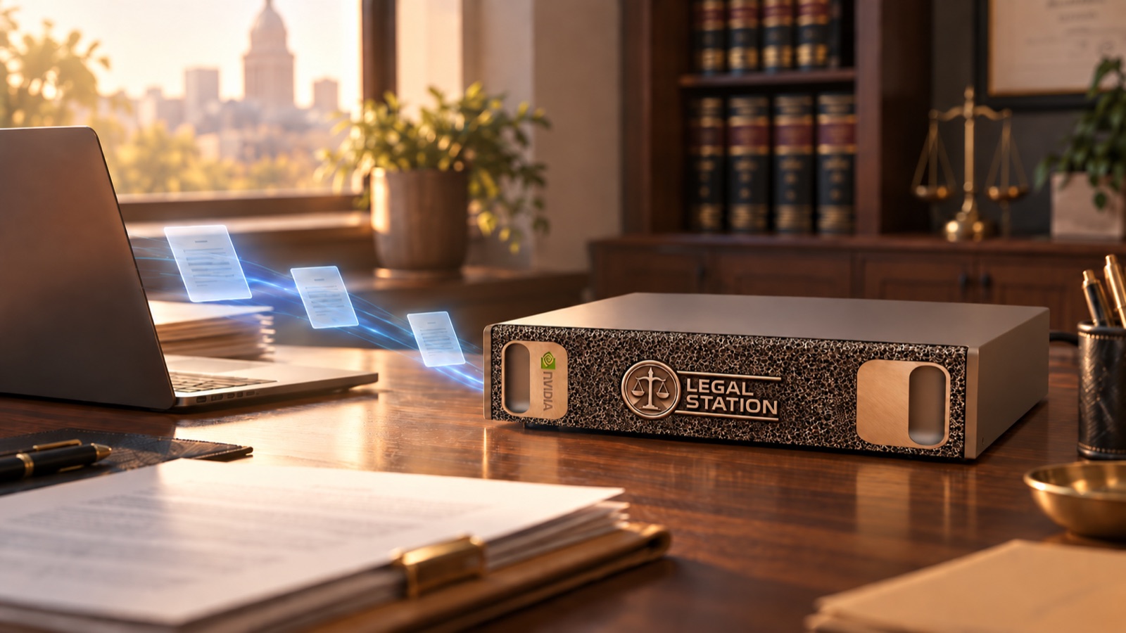 Pages leaving an open laptop and arriving at the Legal Station unit on the same desk