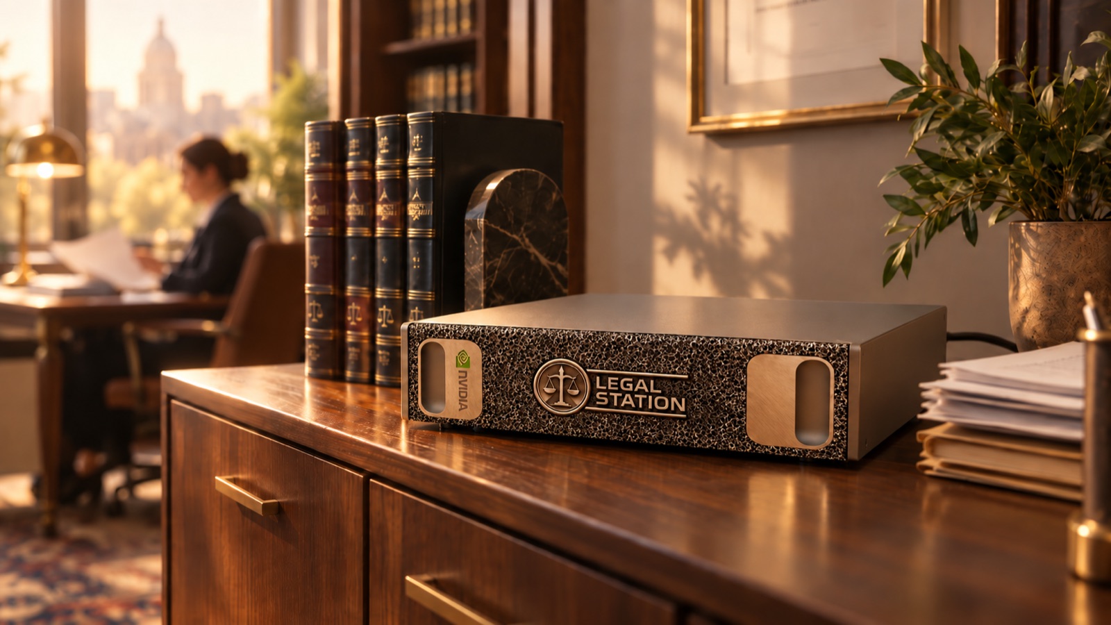 The Legal Station unit on a credenza in a working law office, bound volumes beside it and a solicitor at a desk out of focus behind