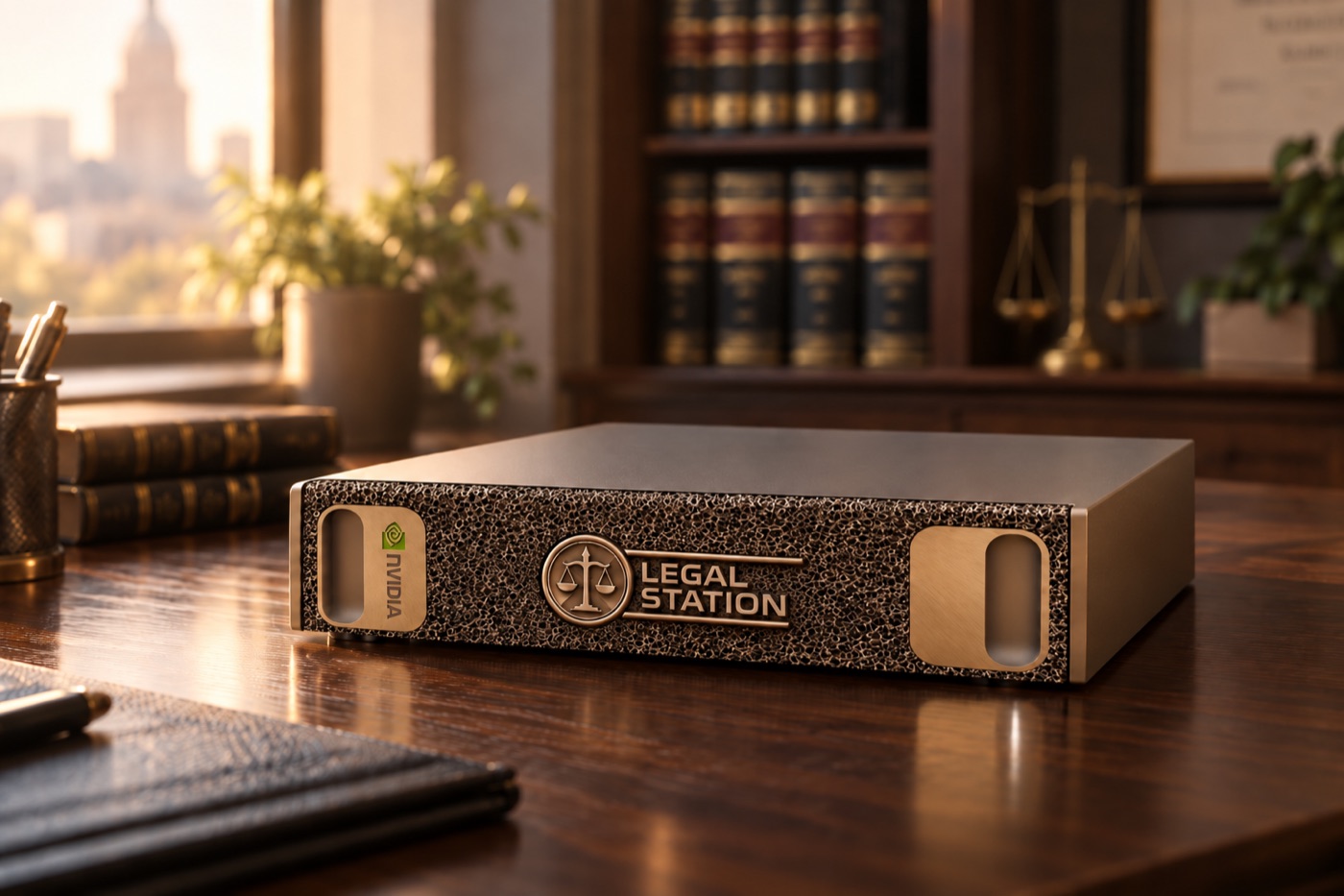 The Legal Station unit in three-quarter view on a dark wood desk, warm window light from the left, law books out of focus behind it